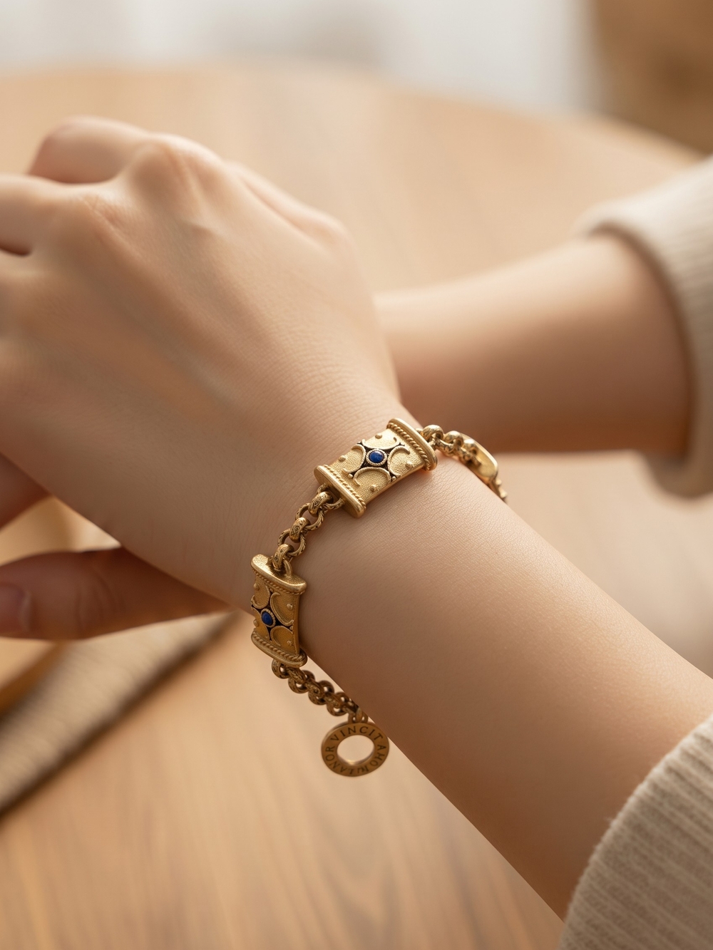 Omnia Vincit Amor Vintage Gold Tone Blue Enamel Statement Bracelet